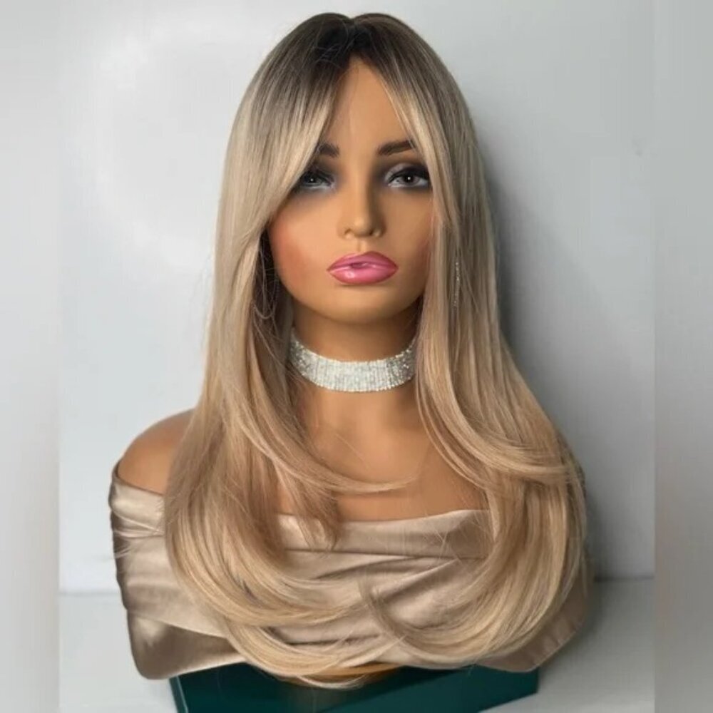 Beautiful 24 Inch Straight Blonde Layered hair Wig With Curtain Bangs Dark Roots - Picture 3 of 9